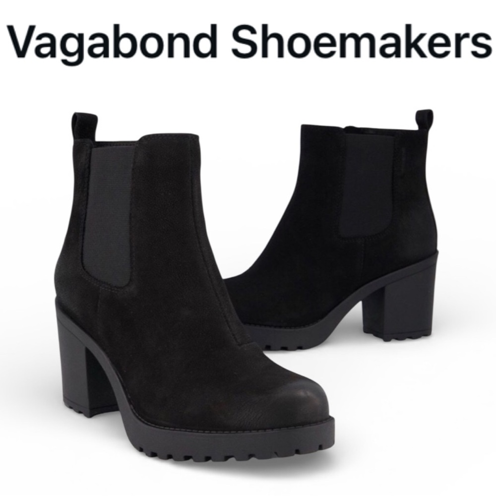 VAGABOND SHOEMAKERS GRACE BLACK NUBUCK LEATHER CHELSEA LUG SOLE BLOCK HEEL BOOTS